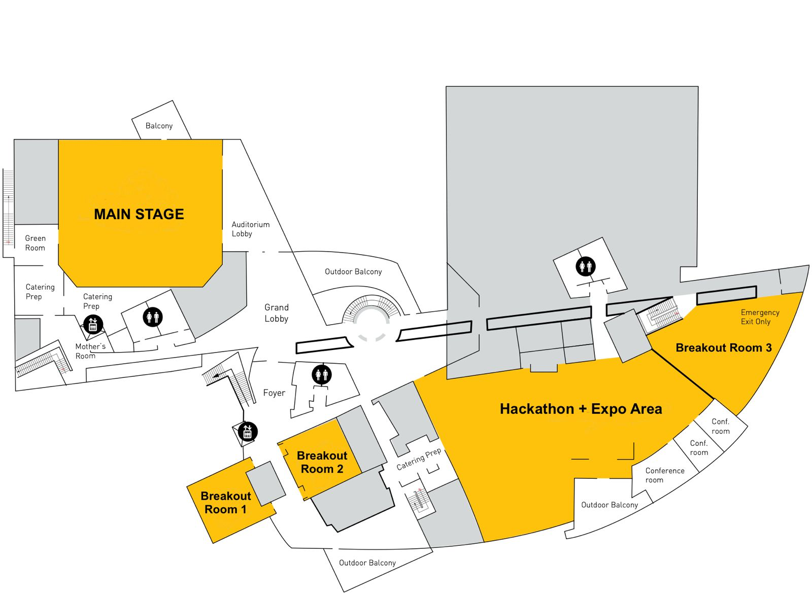 Niya Summit floor plan — Computer History Museum, showing Main Stage, three Breakout Rooms, and the Hackathon + Expo Area